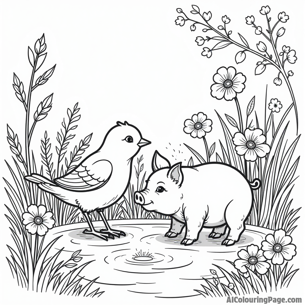 A bird playing hide and seek with a pig in a garden filled with plants, flowers, and a small pond