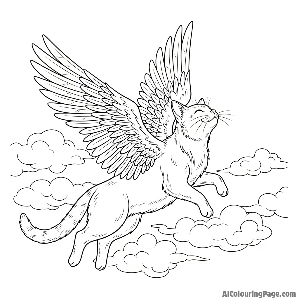 A cat with majestic, feathery wings, soaring above the clouds.