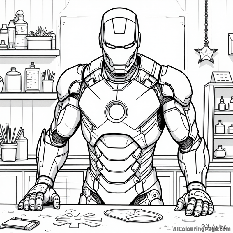 Iron Man inside his suit workshop