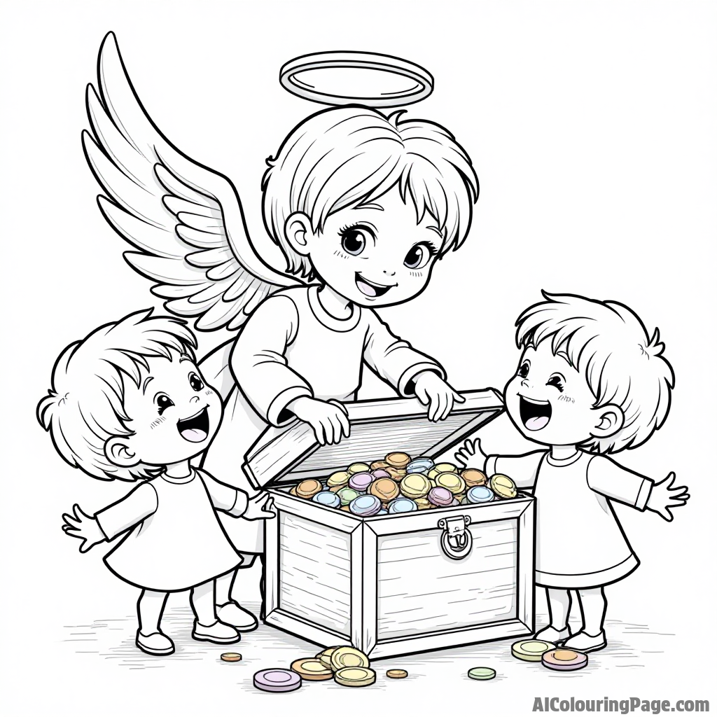 A friendly angel sharing a treasure chest full of colorful gems and gold coins with excited children.