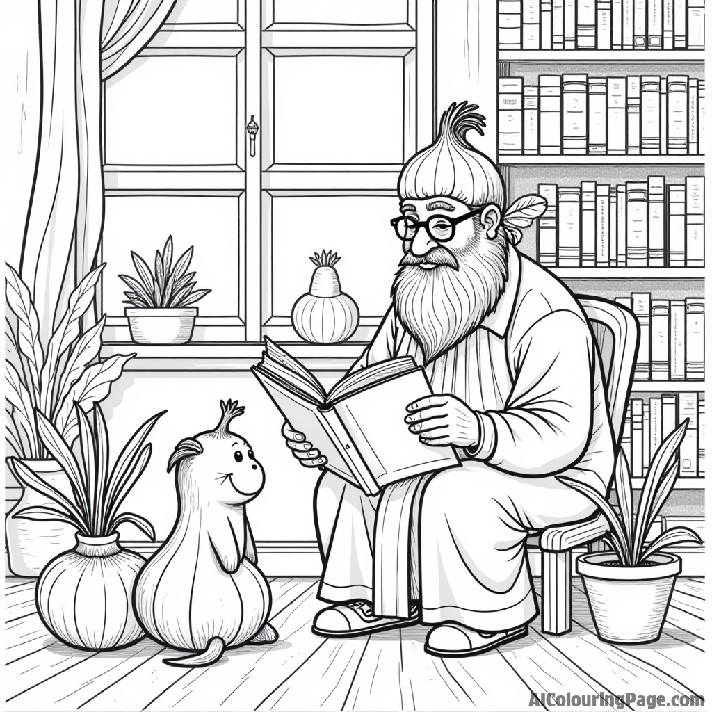 A wise onion librarian reading stories to young vegetables in a cozy library filled with books and plants.