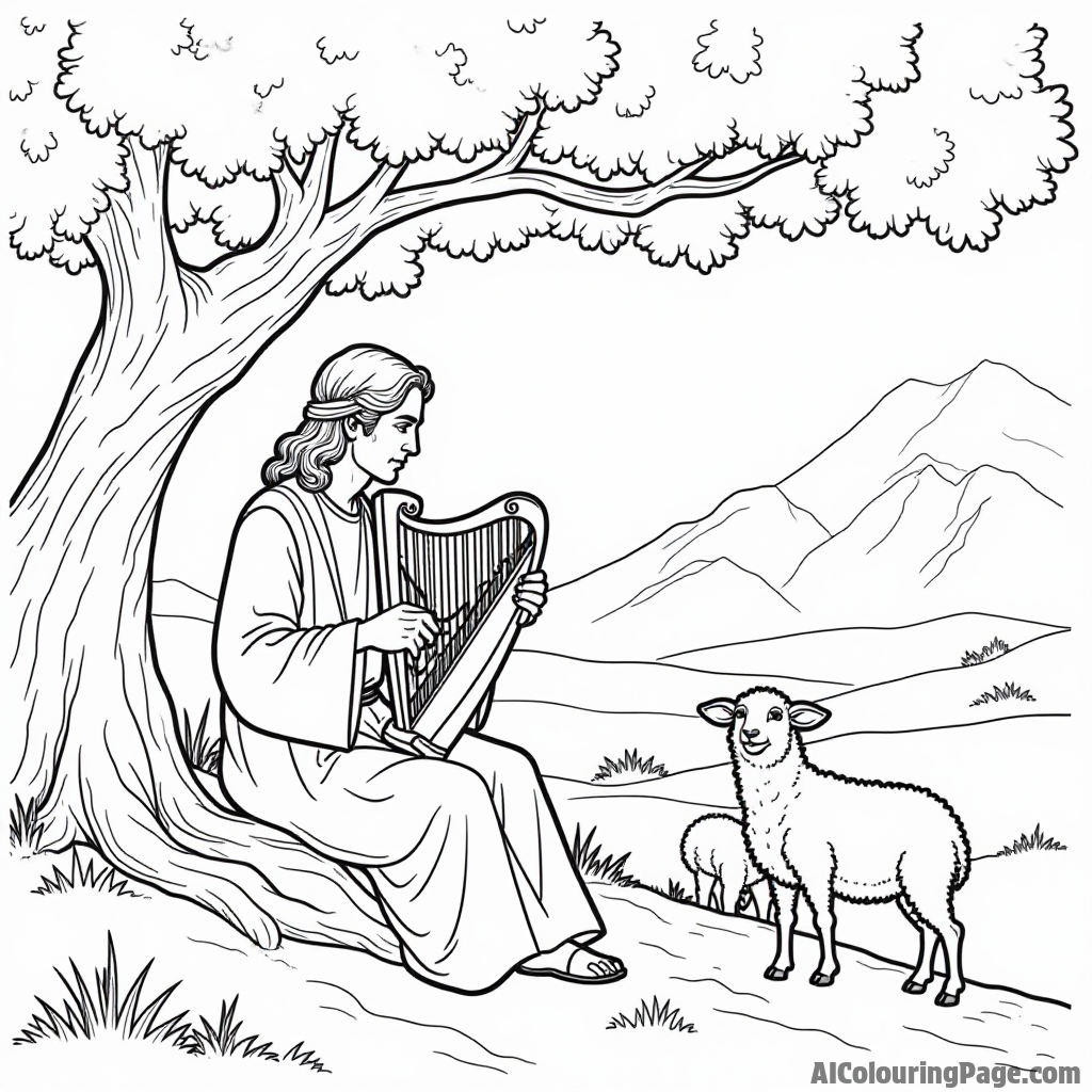 A peaceful scene of David playing the harp under a tree, with sheep grazing nearby and mountains in the distance.