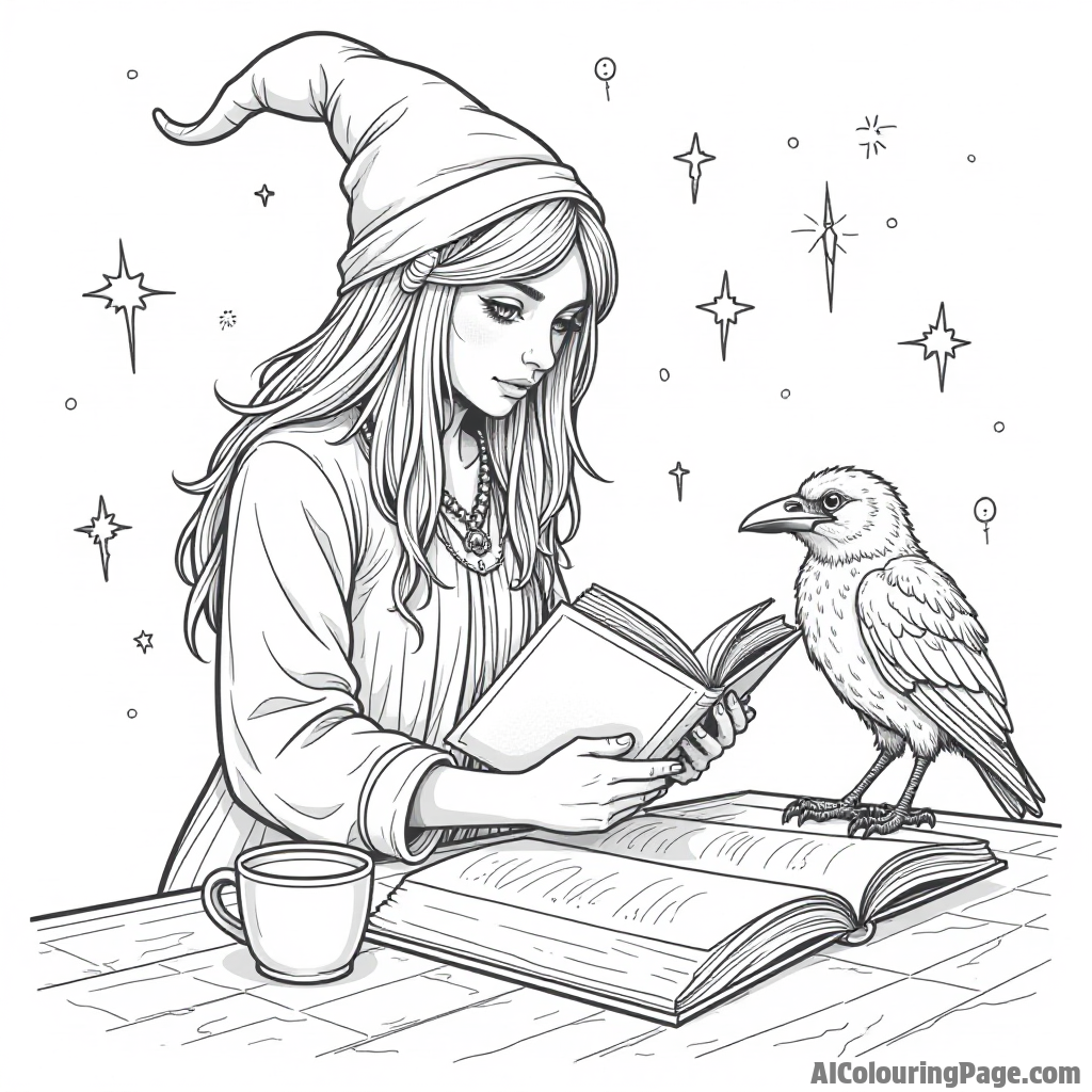 Raven practicing magic spells with her spellbook, surrounded by floating magical symbols and a mystical raven perched nearby.