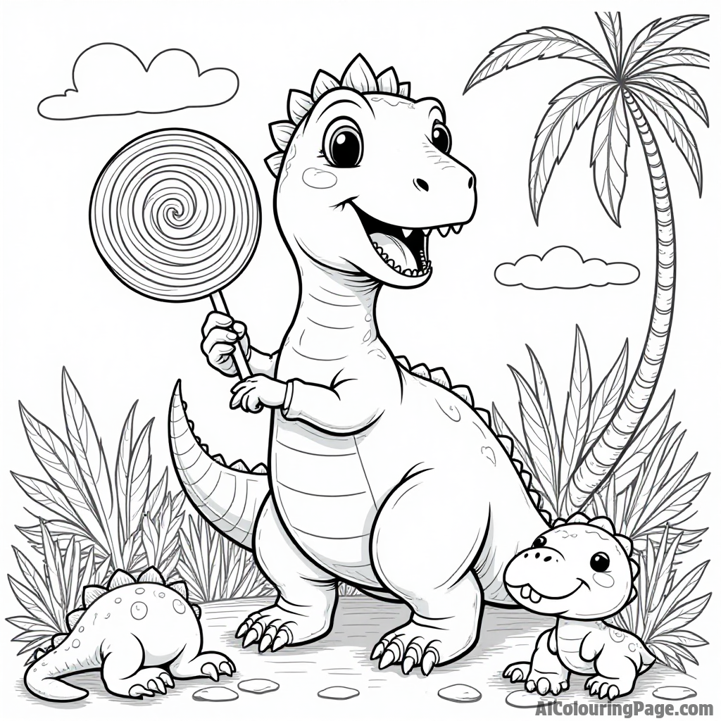 A playful dinosaur enjoying a giant lollipop, surrounded by tropical plants and fun prehistoric creatures having a party