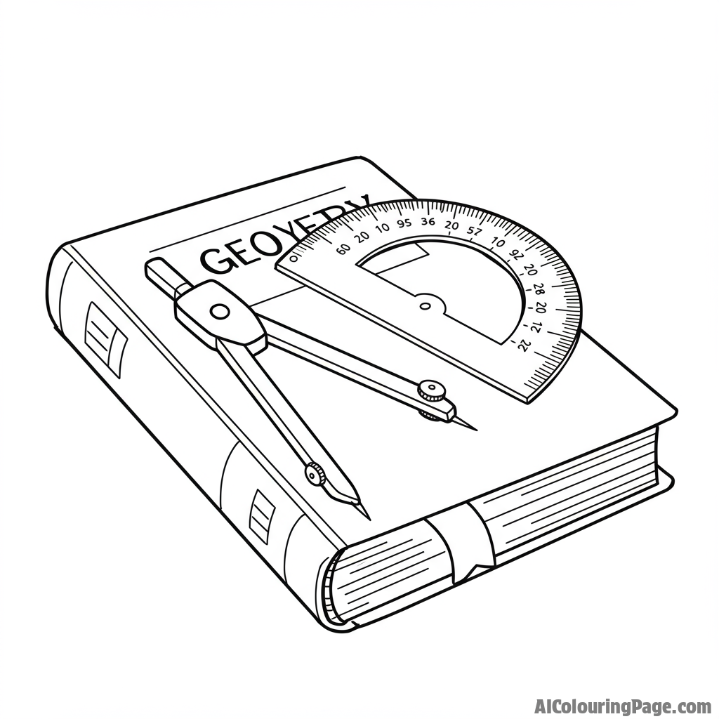A compass and protractor resting on a geometry textbook.