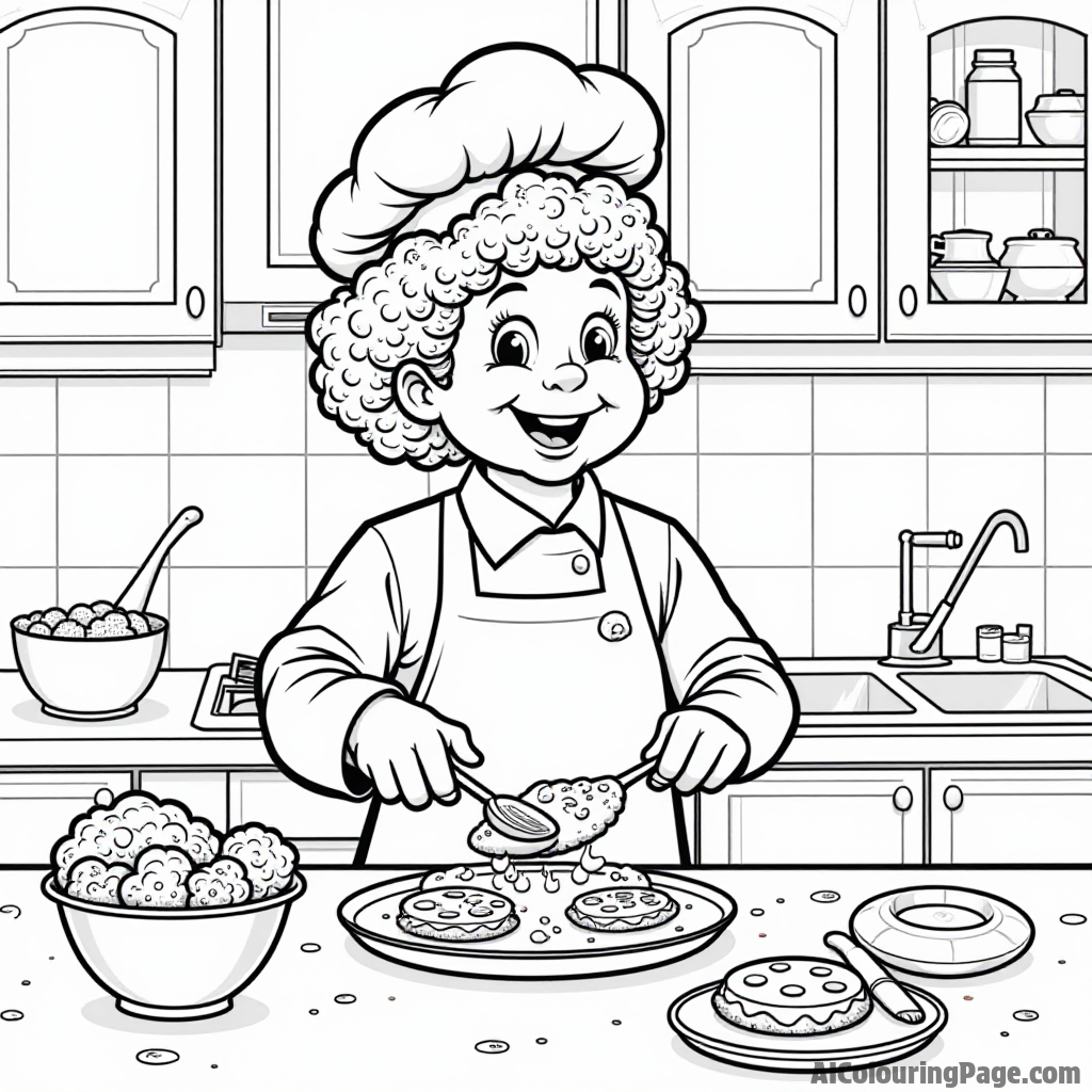 A broccoli chef baking cookies in a cozy kitchen, with flour flying and happy kitchen utensils dancing around.