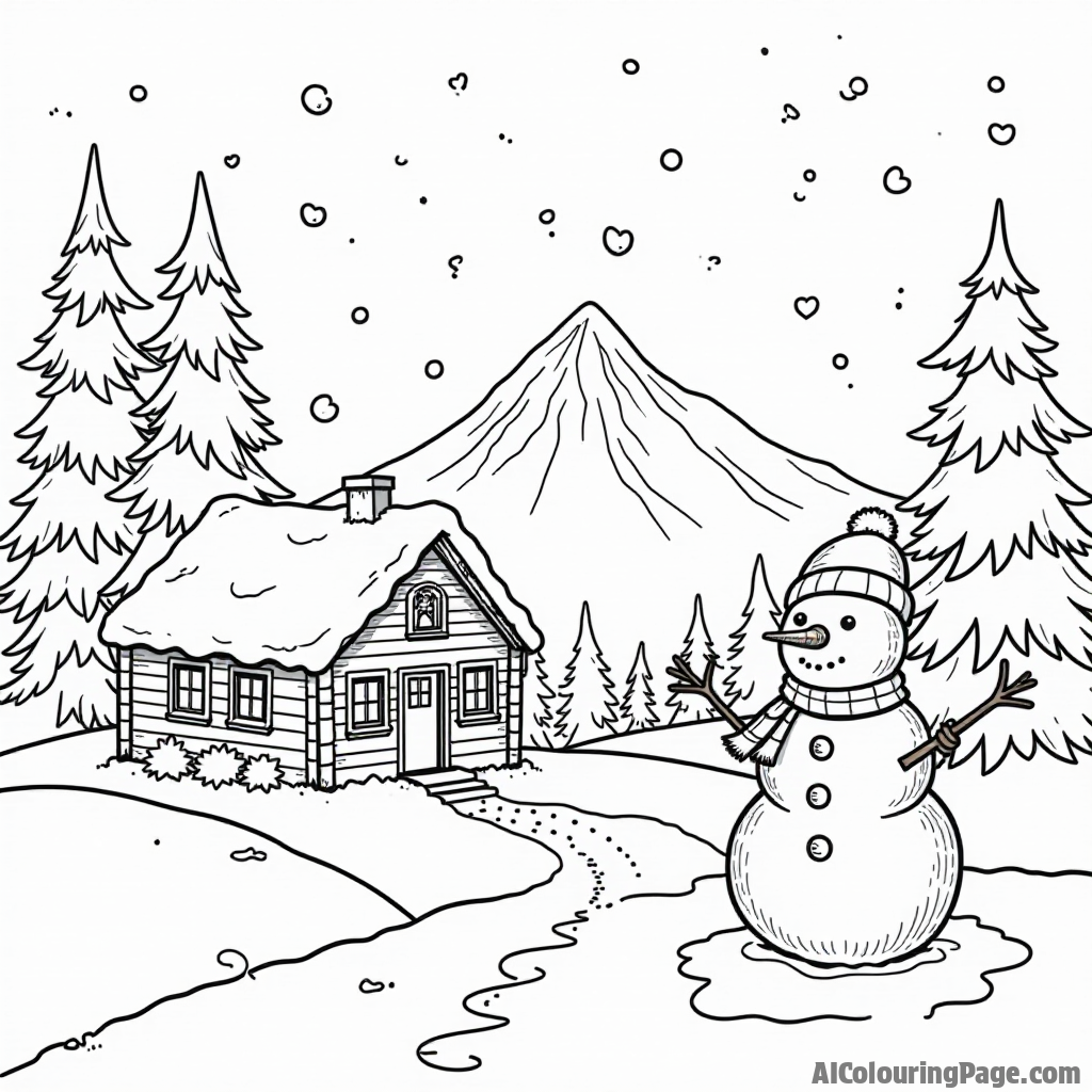 A snowy mountain scene with a cozy cabin, pine trees, and a cheerful snowman, inviting children to color winter geography.