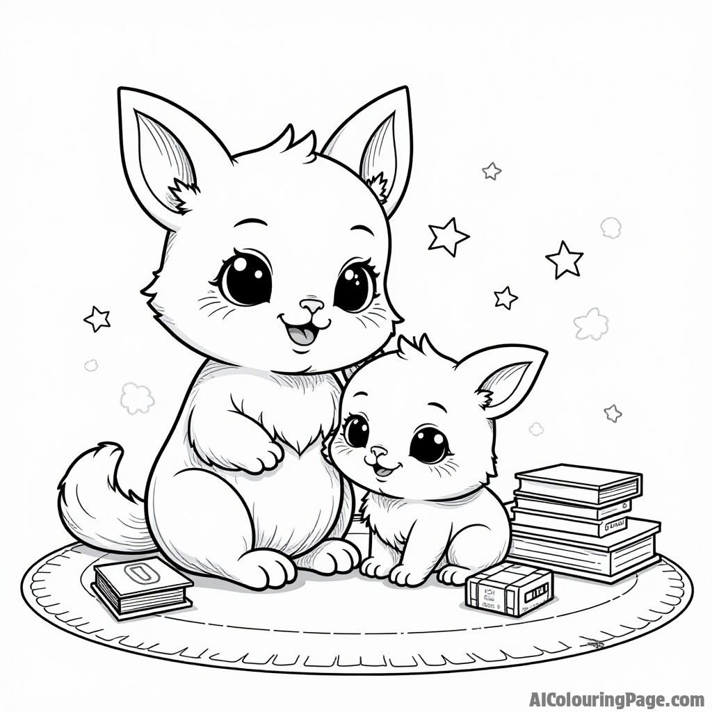 A Hatchimal and its young owner sitting together on a cozy rug, surrounded by toys and books, fostering imagination and creativity for kids to express themselves in this Toys and Games Coloring Pages theme.