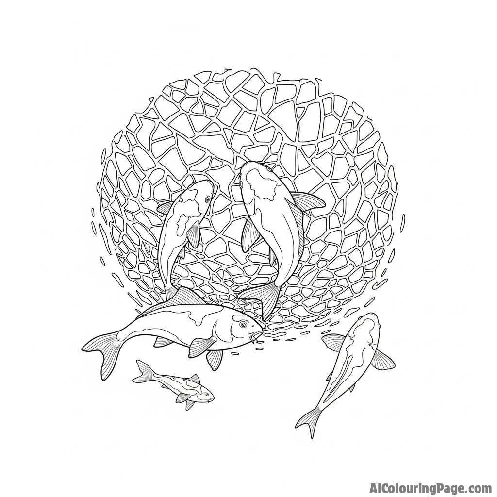 An underwater perspective looking up at the silhouettes of koi against the bright, fractured surface.