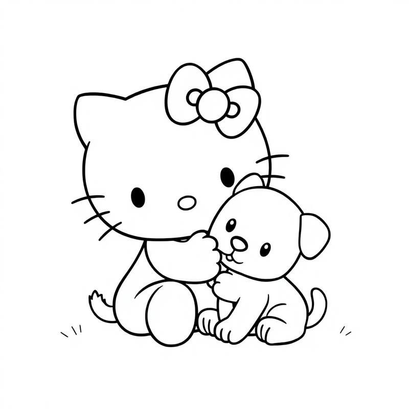 Hello Kitty playing with a puppy