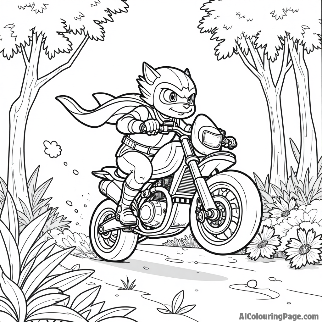 A heroic creature riding a speeder bike through a lush jungle, dodging trees and colorful flowers along the way.