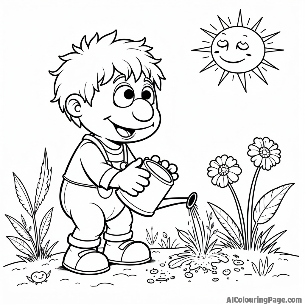 A Muppet baby planting seeds in a garden, with watering can and smiling sun watching over the colorful plants.