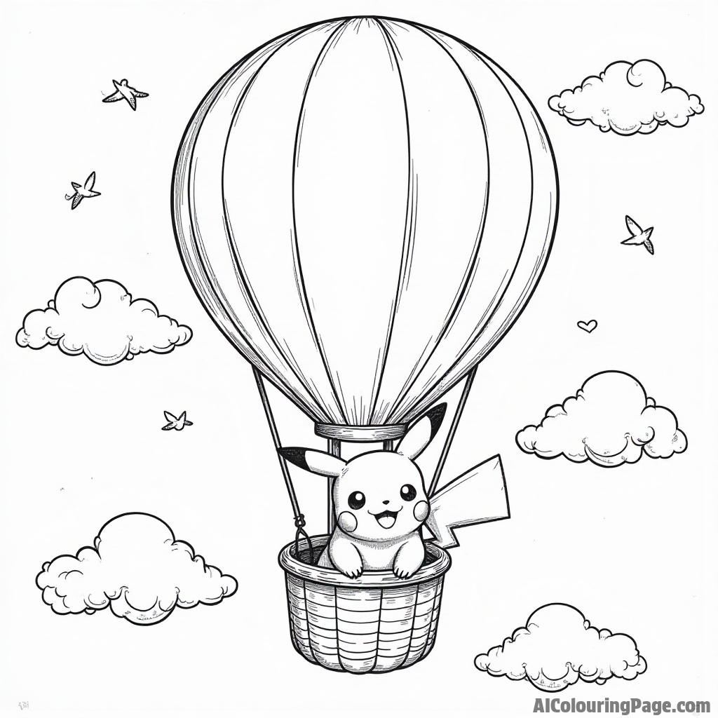 Pikachu floating in a hot air balloon with clouds and birds flying alongside it