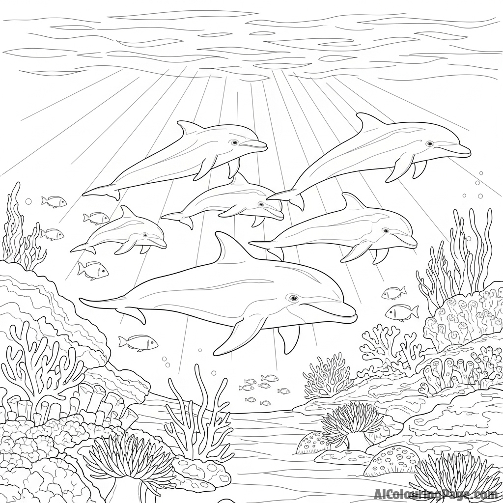 A pod of dolphins swimming through a sun-drenched coral reef, with light filtering from above.