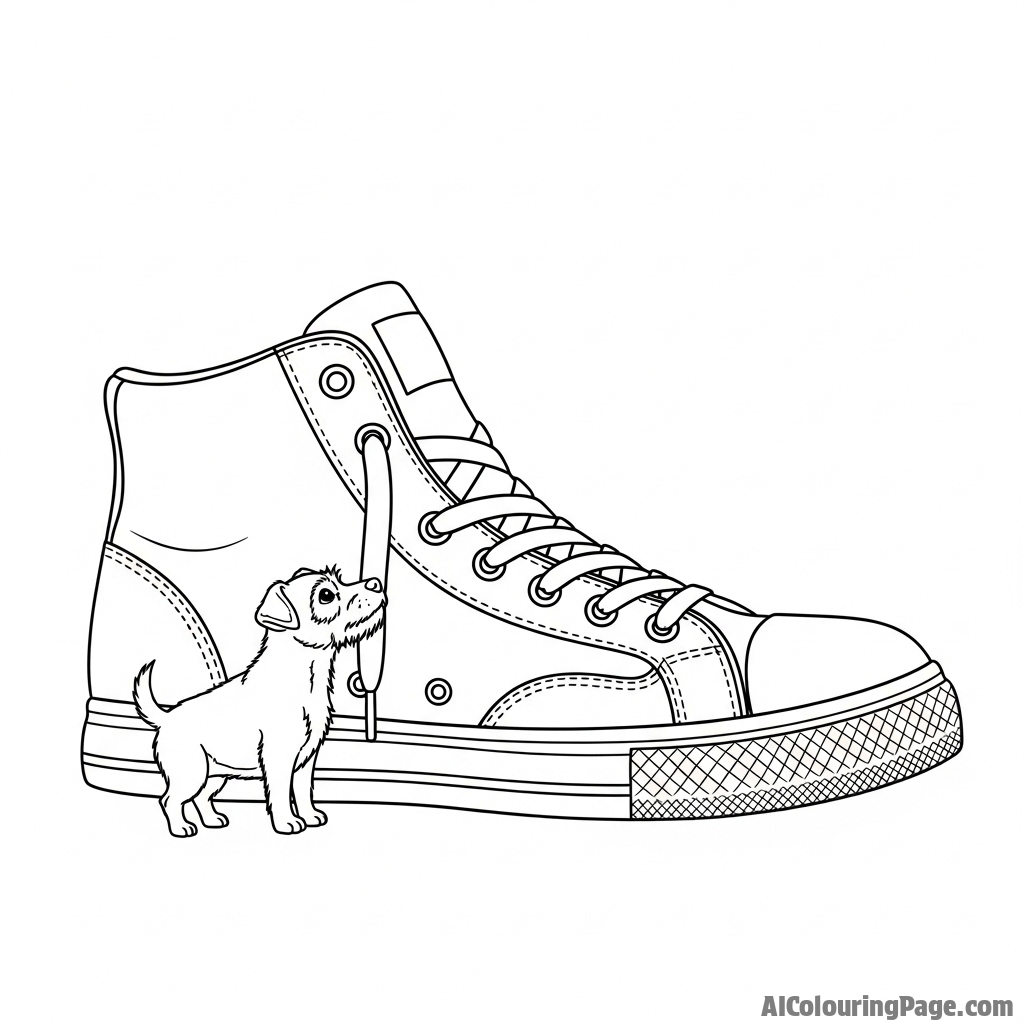 A tiny dog standing beside a very large shoe for scale.