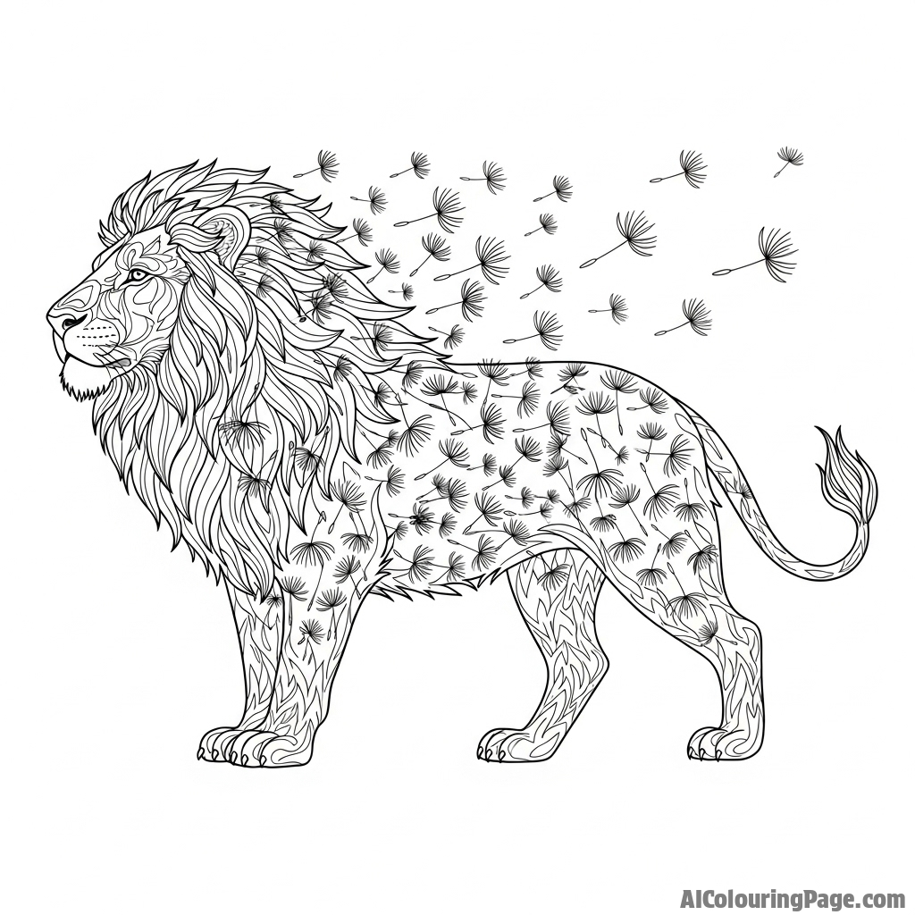 A lion's form dissolving into a thousand wind-borne seeds.
