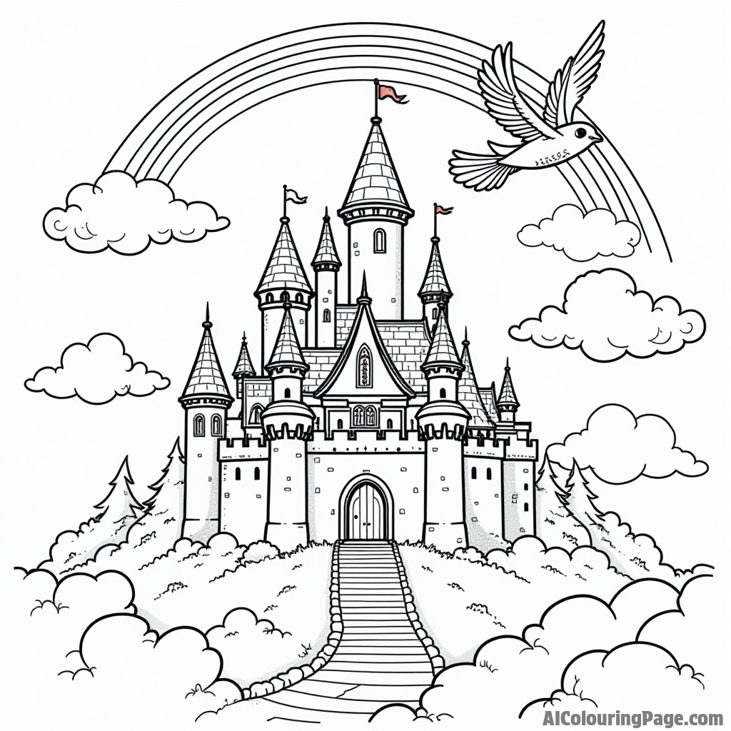 A magical Fortnite castle in the clouds with a rainbow and a flying character soaring above for kids to color