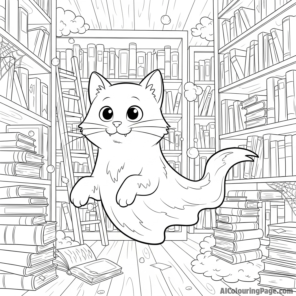 A ghost-like, translucent cat haunting an old, dusty library.