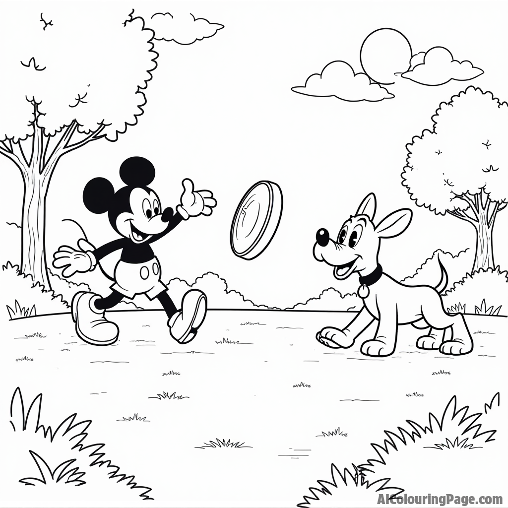 Mickey Mouse and Pluto playing fetch in a park, with trees, a frisbee, and a sunny sky overhead.