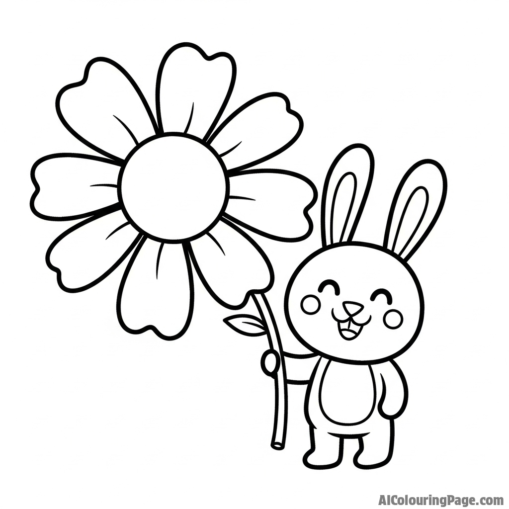 A child's crayon drawing of a smiling bunny holding a disproportionately large flower.