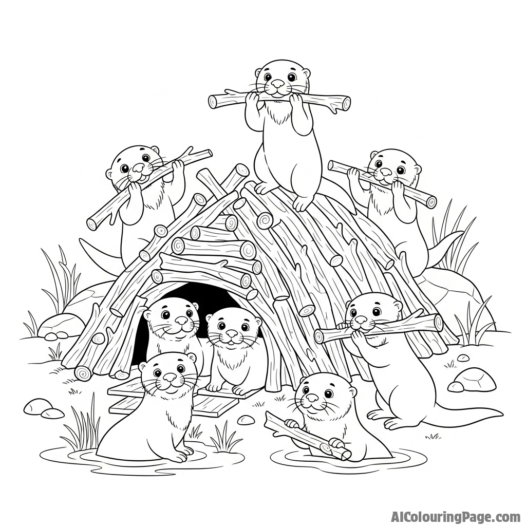 A community of otters working together, building their holt with sticks.