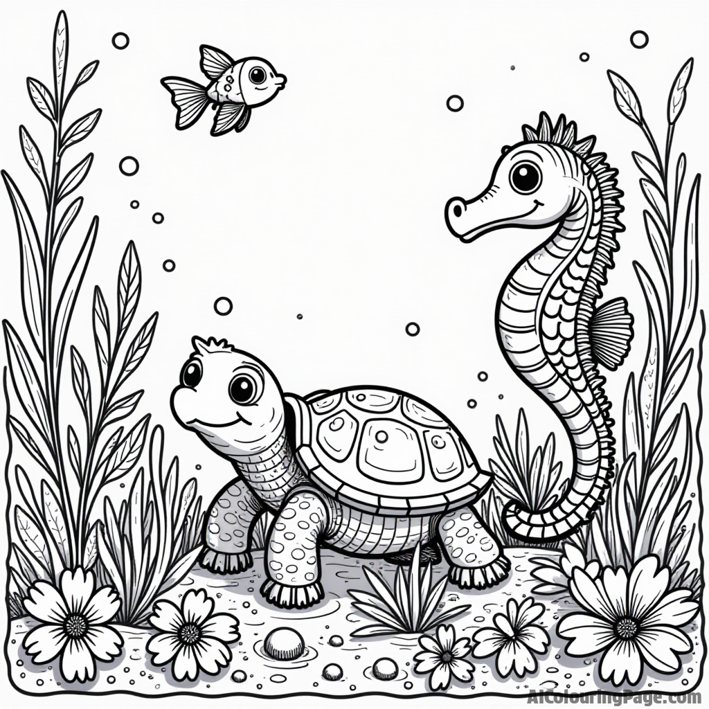 An underwater garden filled with vibrant flowers and friendly creatures, featuring a turtle and a seahorse, creating a serene coloring page for young artists to explore.