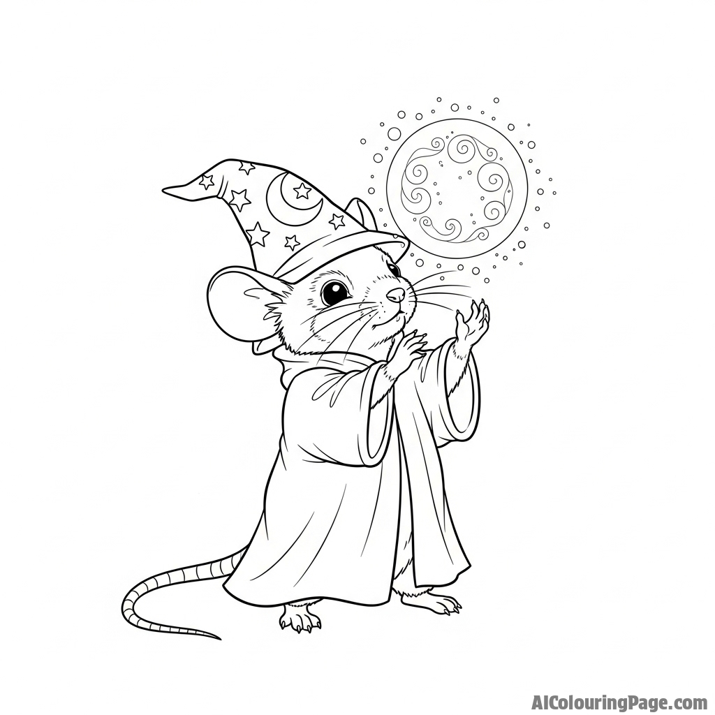 A fantasy scene of a mouse sorcerer conjuring a glowing orb between its paws.