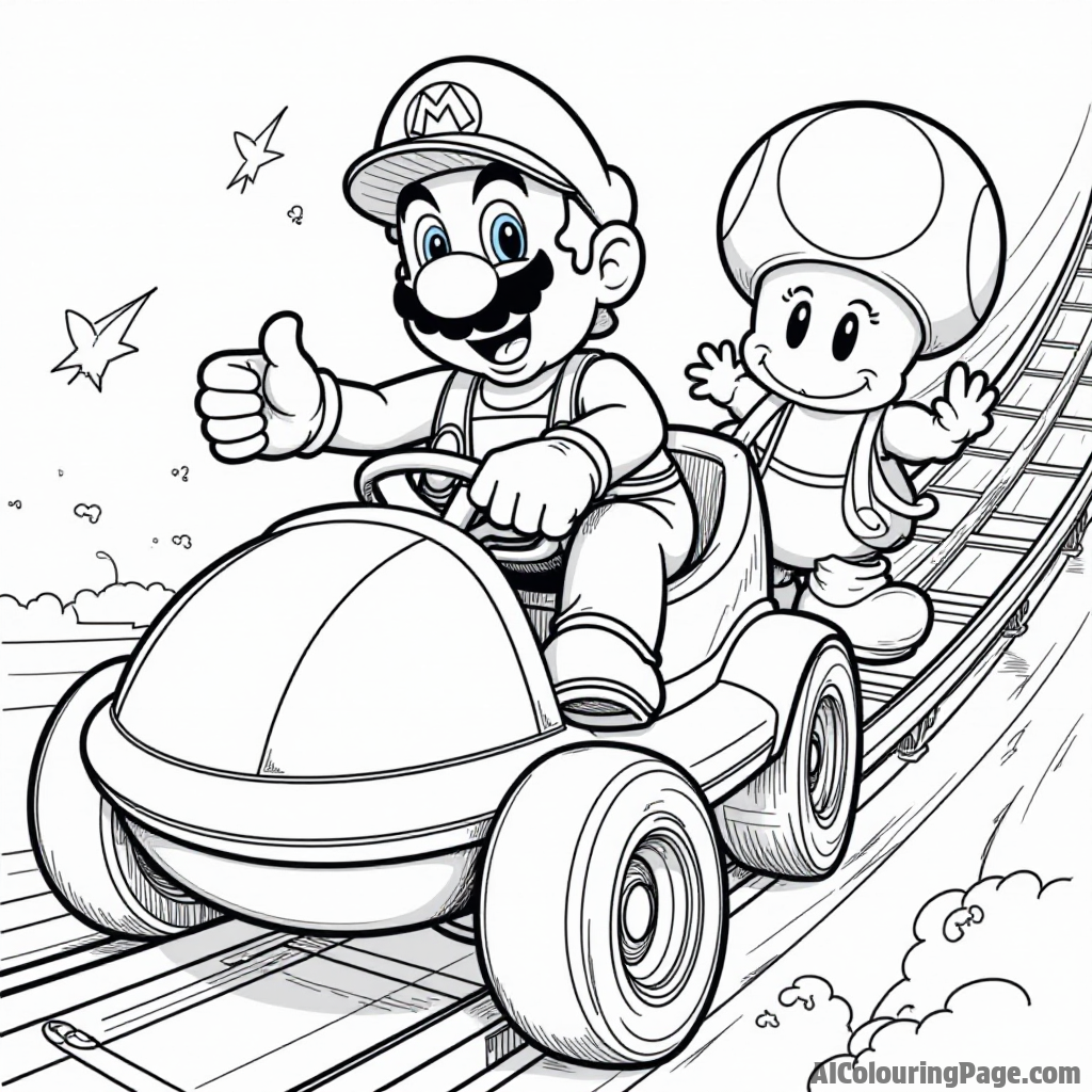 Mario riding a roller coaster with Yoshi and Toad, their faces filled with excitement.