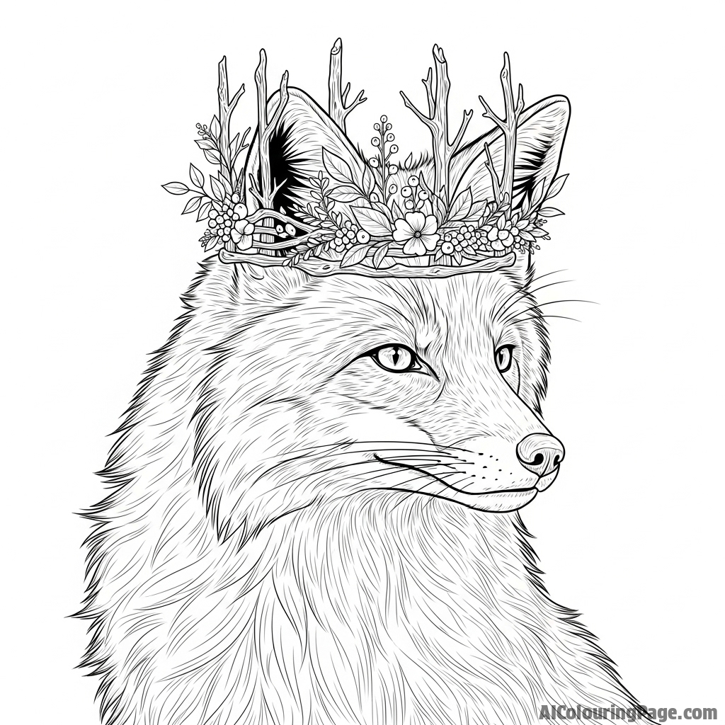A majestic fox wearing a crown of gnarled twigs and delicate forest flora.