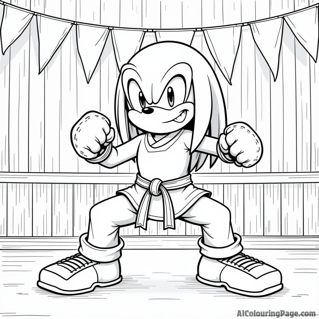 Knuckles practicing his martial arts moves in a dojo, with colorful banners hanging and a sense of discipline in the air.