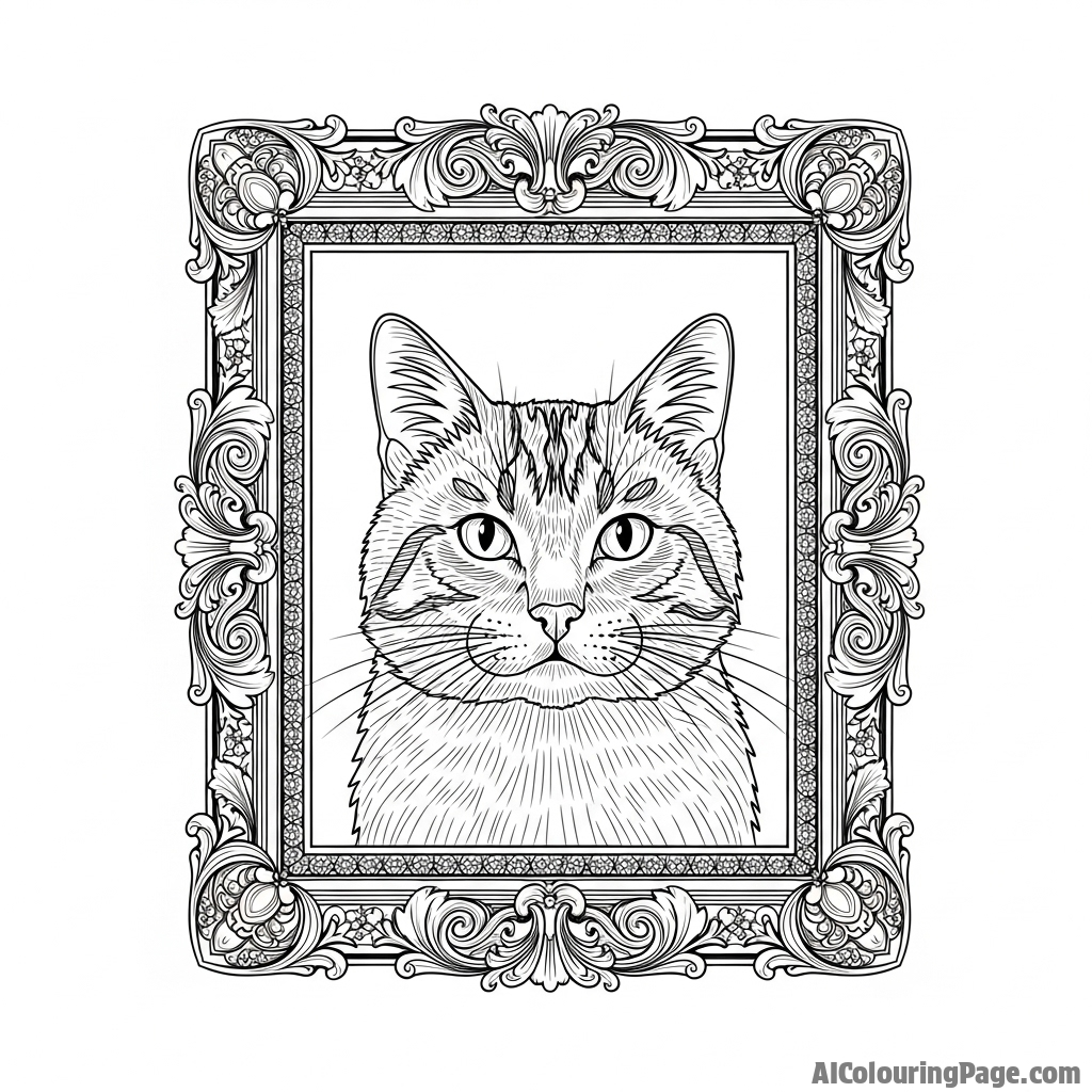 A cat's portrait in a heavy, ornate frame.