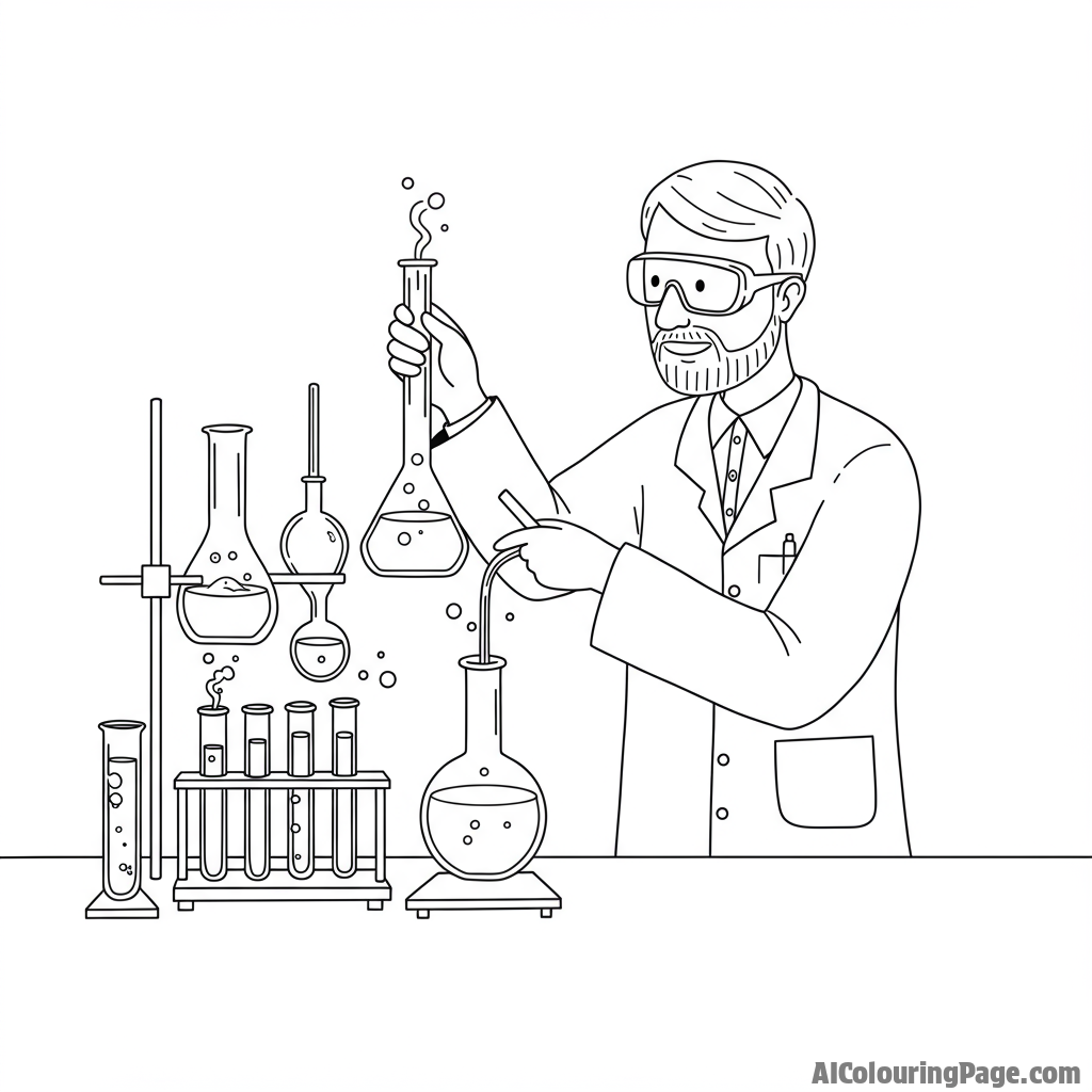A scientist conducting an experiment in a laboratory filled with beakers and tubes.