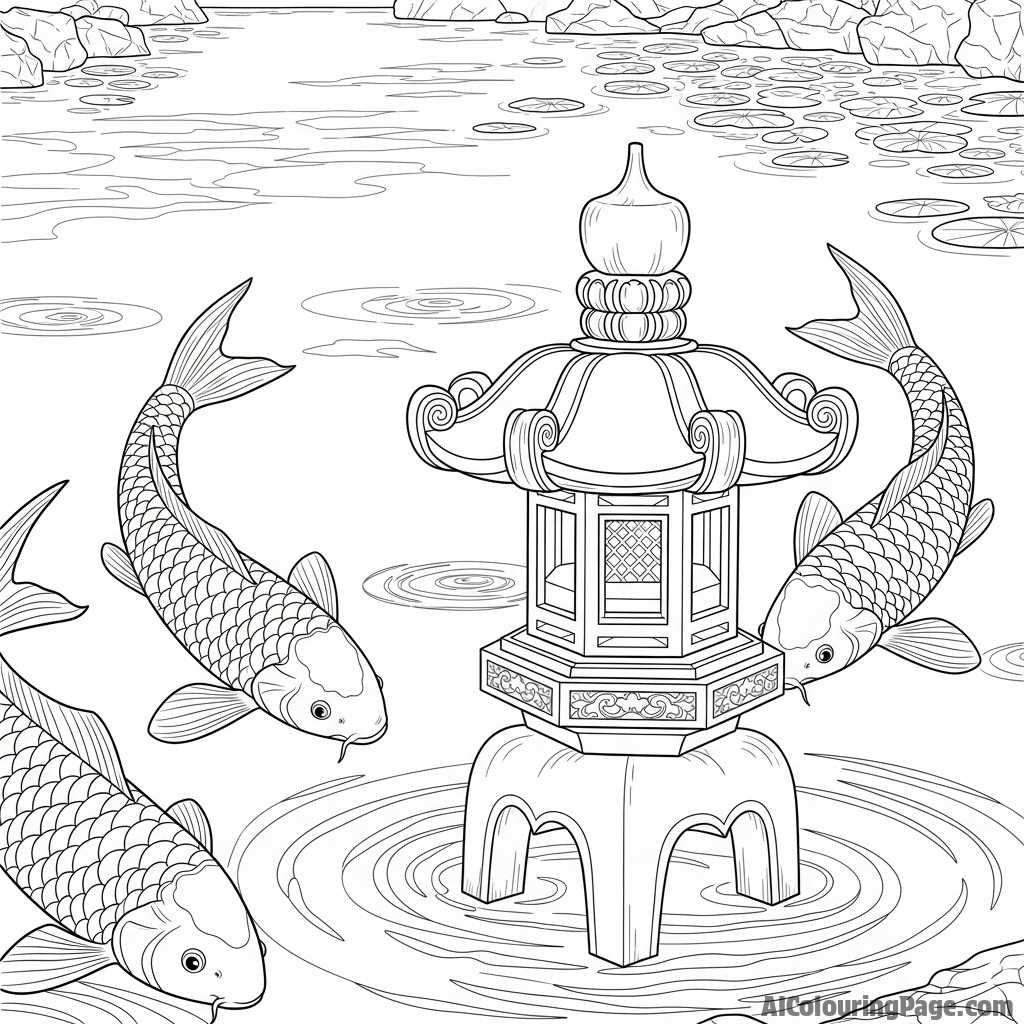 A low-angle shot from the pond’s edge, with a stone lantern in the foreground and koi swimming past.