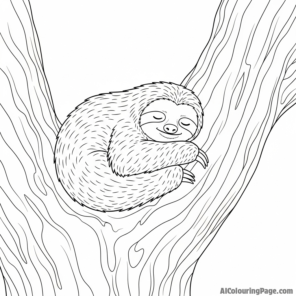 A sloth curled into a perfect ball, fast asleep in the crook of a massive tree.