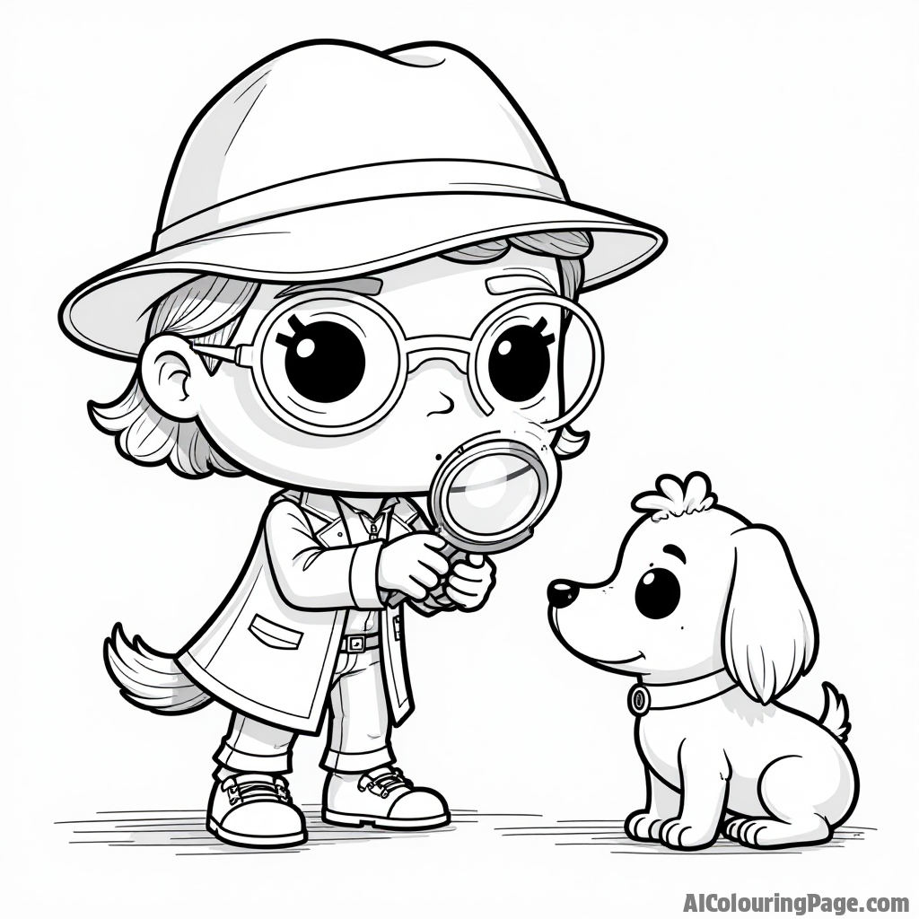 A Funko Pop detective investigating a mystery with a magnifying glass, alongside a cute dog and a mysterious shadow, making an exciting scene for young sleuths to color and discover.