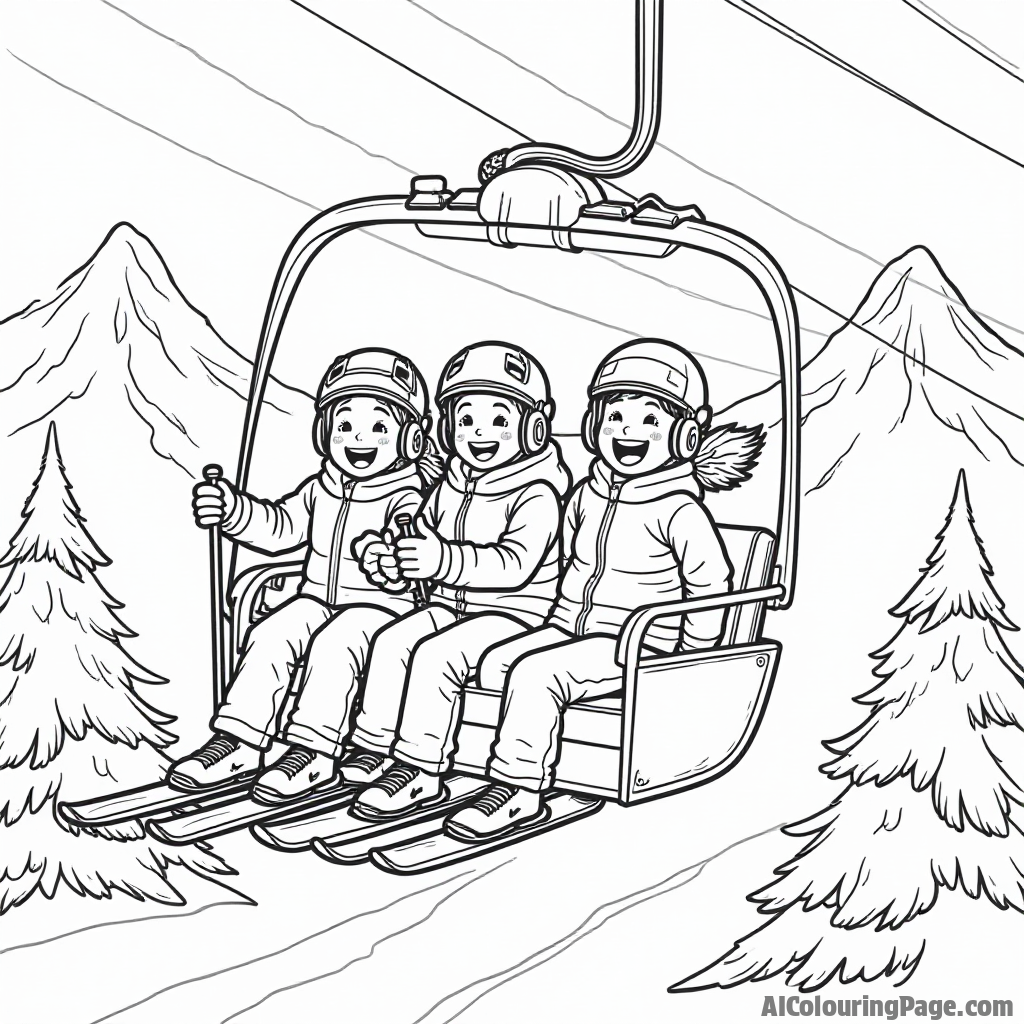 A group of friends enjoying a ski lift ride, looking excited while surrounded by snow-covered mountains and pines, capturing the spirit of winter sports for children to color.