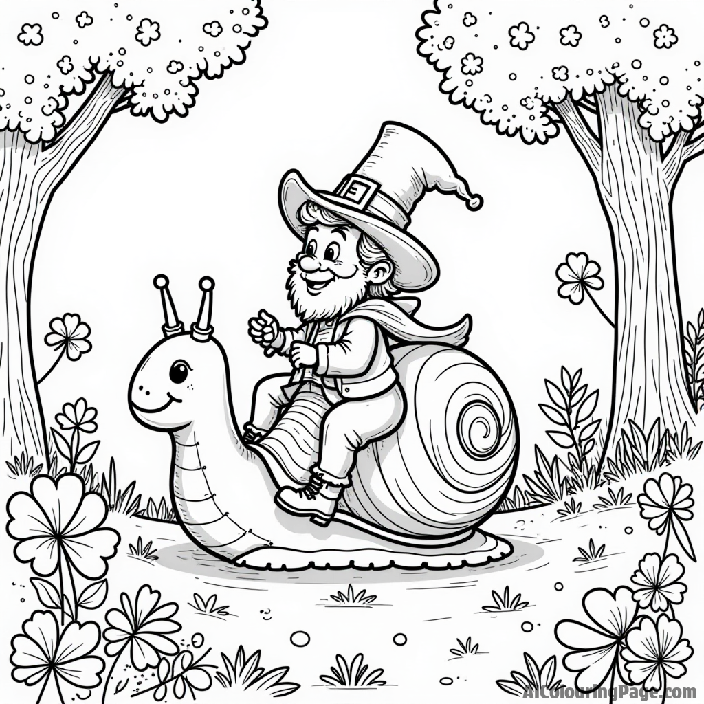 A magical scene of a leprechaun riding a rainbow-colored snail through a forest filled with shamrocks and flowers.