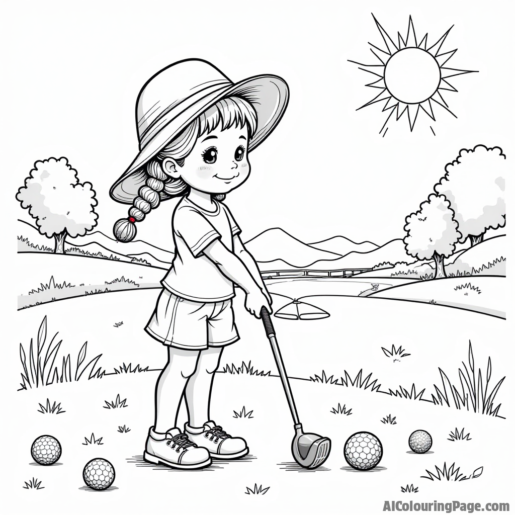 A little girl in a sun hat practicing her swing at a driving range, with colorful golf balls scattered around and a bright sun shining down for kids to color.