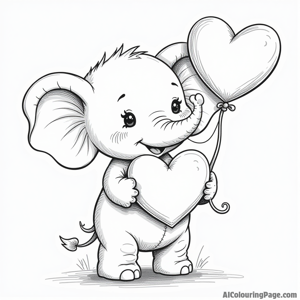 A sweet elephant holding a giant heart with a balloon tied to its tail celebrating love for Valentine’s Day