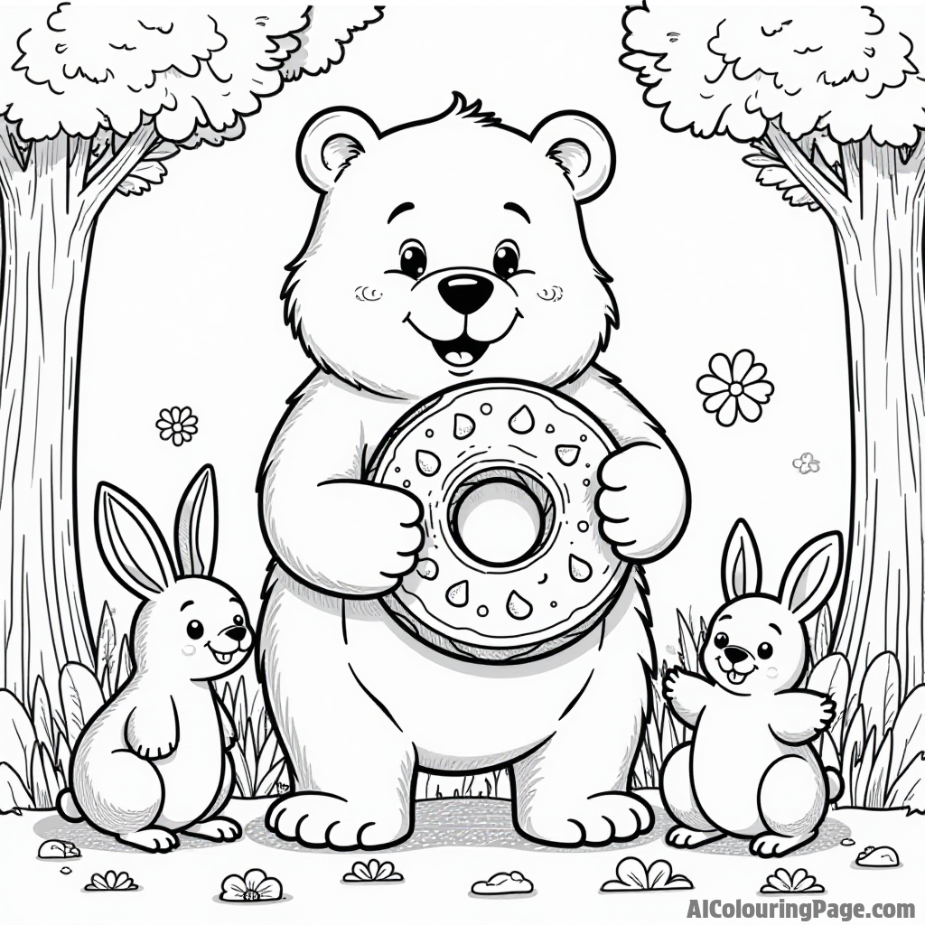 A friendly bear holding a giant donut, surrounded by forest friends like rabbits and birds enjoying a picnic.