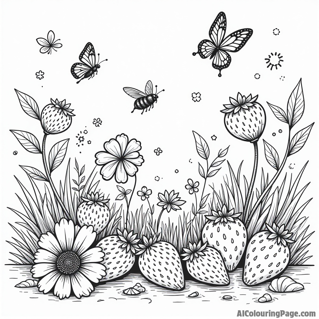 A joyful chocolate-covered strawberry garden with butterflies fluttering around and bees buzzing happily.