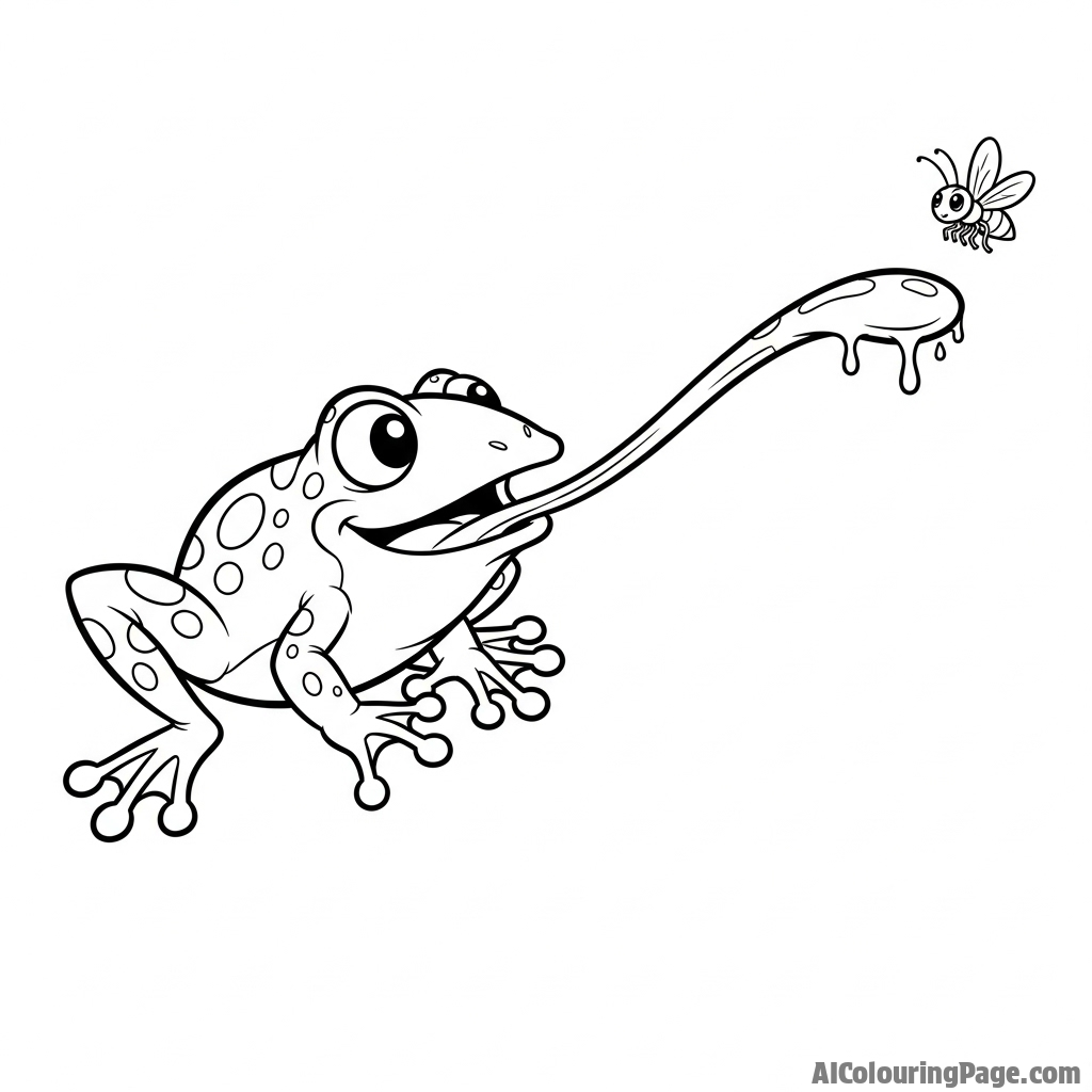 A frog catching an insect with its long, sticky tongue, frozen in motion.