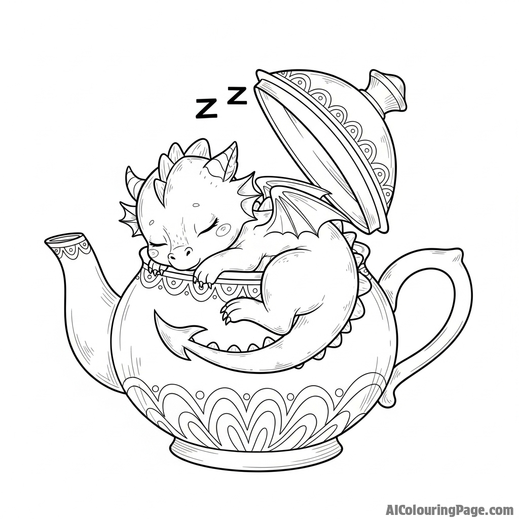 A tiny, whimsical dragon sleeping curled up inside a teapot.
