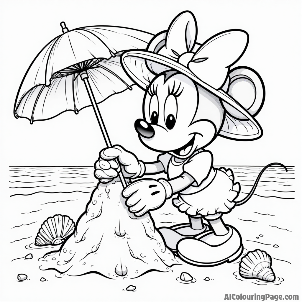 Minnie Mouse at the beach, building a sandcastle, with seashells, beach umbrella, and a sun hat on her head