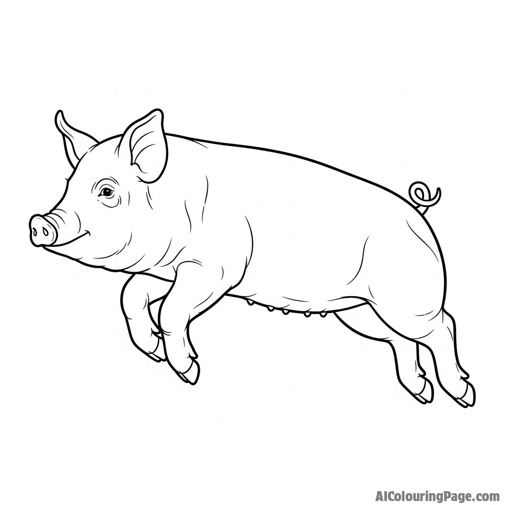 A charcoal sketch of a pig mid-jump, frozen in an energetic pose.