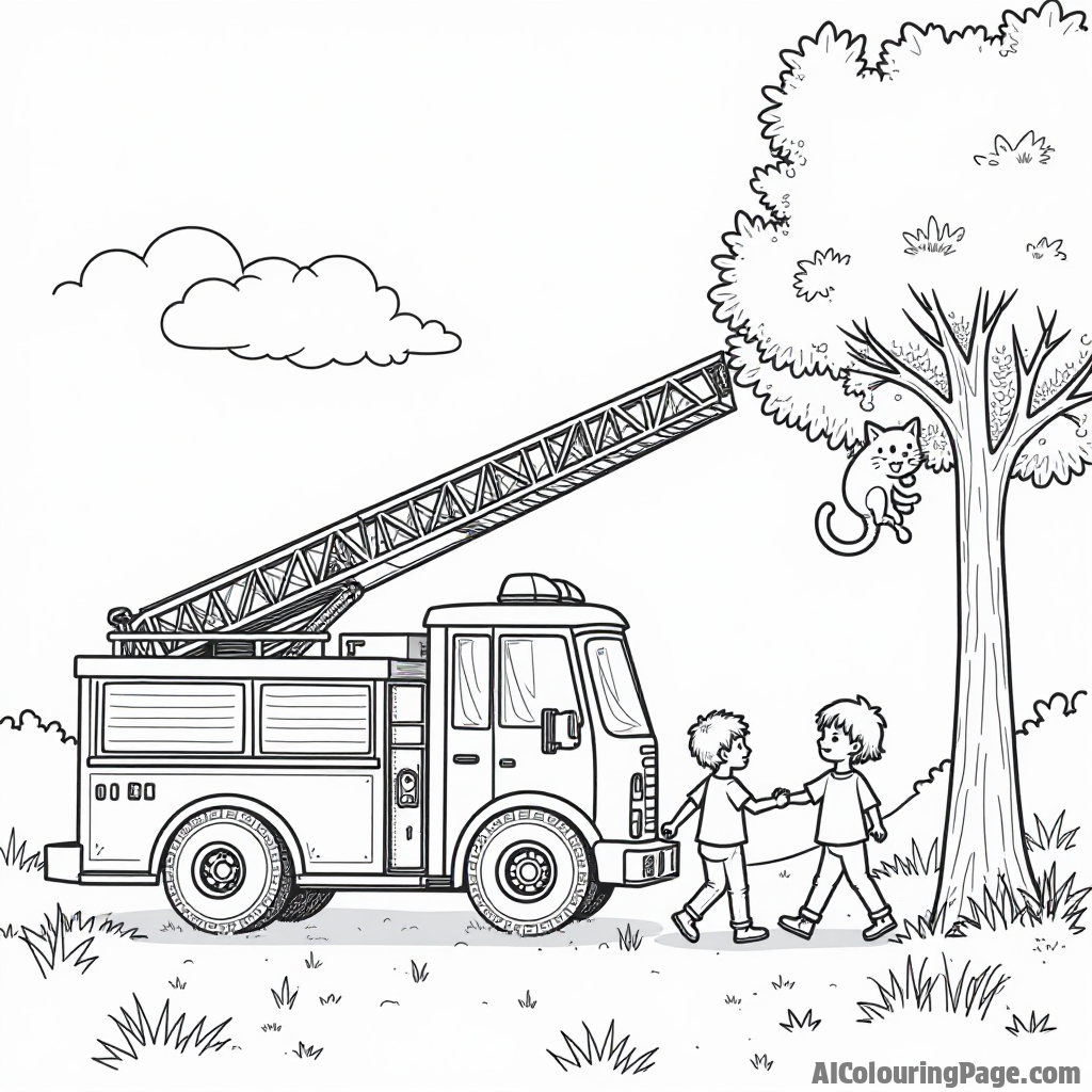 A fire truck with an extended ladder rescuing a cat from a tree, while children play tag in the grass, perfect for a children's coloring book.