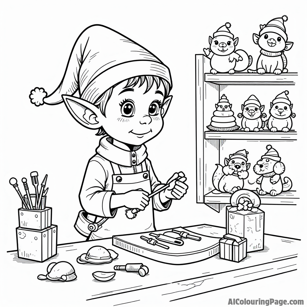 A whimsical elf making toys in a workshop, surrounded by colorful tools and a shelf filled with finished toys ready to gift.