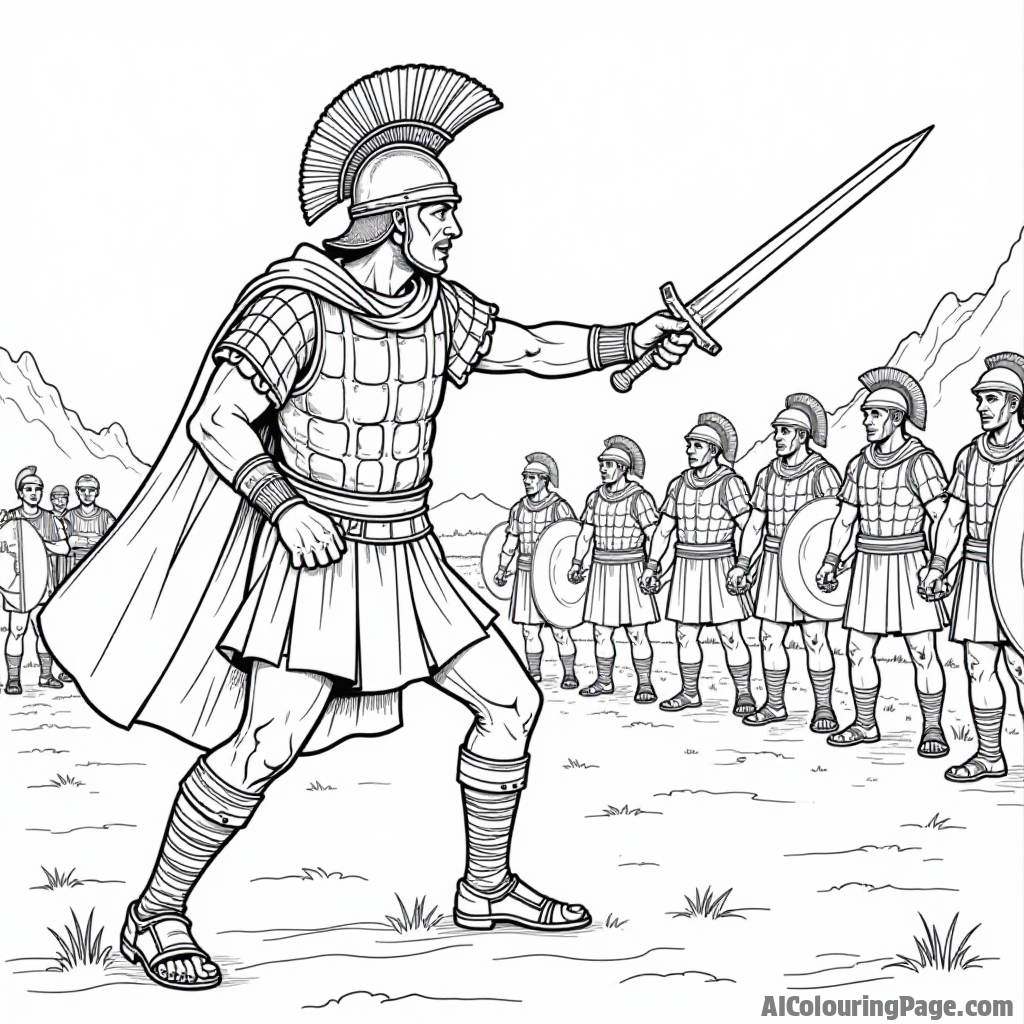 A Roman soldier training in a camp, practicing sword fighting with a wooden sword, emphasizing discipline and strength in a fun and educational coloring scene.