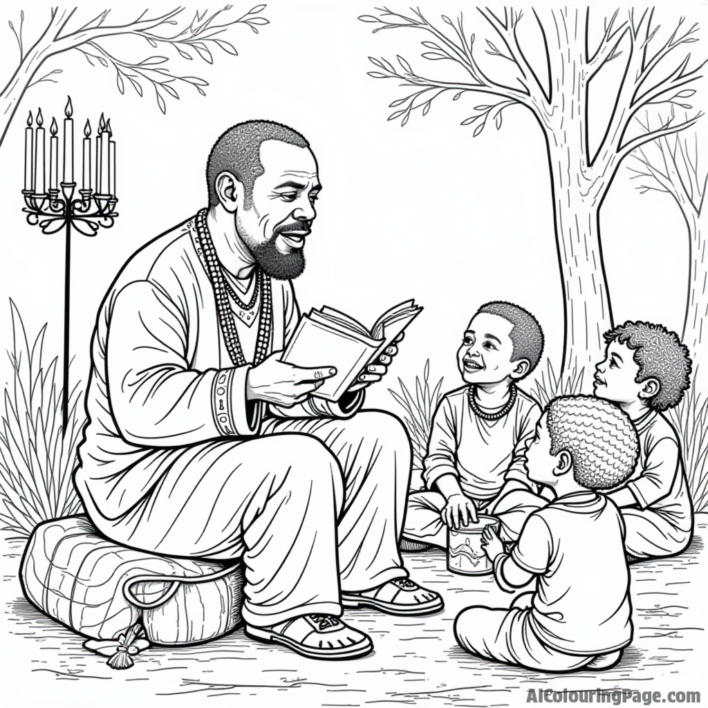 A Kwanzaa celebration featuring a storyteller sharing tales of heritage, surrounded by children and traditional artifacts, creating an engaging atmosphere for a coloring page.