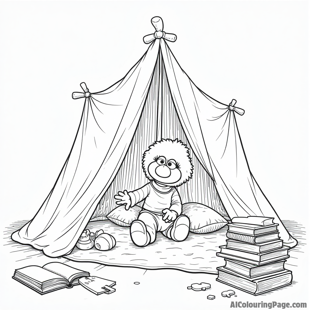 A Muppet baby building a fort with blankets and pillows, surrounded by toys, books, and a cozy reading nook.